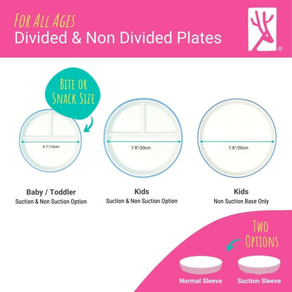 Elk and Friends Kids 6.7” Porcelain Divided Plates with Silicone Suction Sleeves | Suitable for Babies/Kids/Toddlers | Microwave & Dishwasher Safe | Non Slip | Snack Dishes | 4 Pack