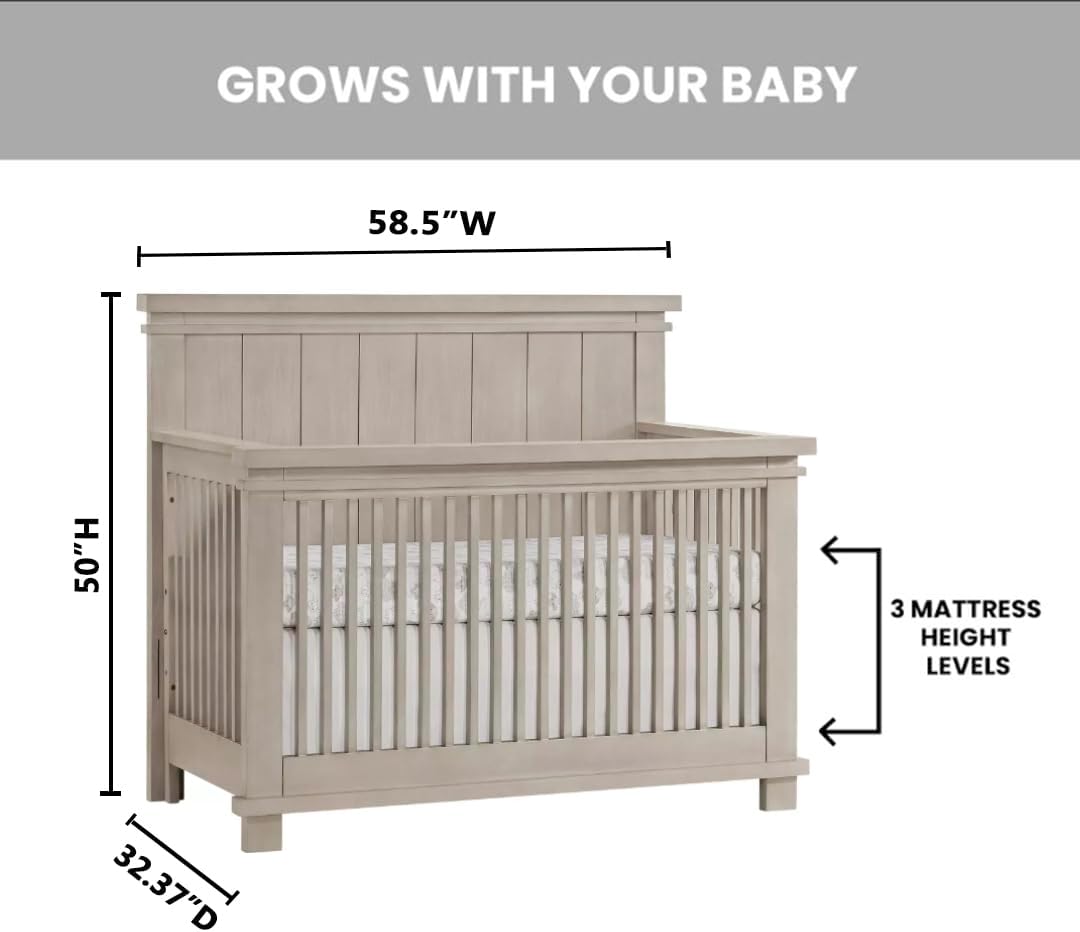 Soho Baby Hampton Premium 4-in-1 Convertible Crib, Flat-Top Headboard, Smooth Stone Wash, GreenGuard Gold Certified