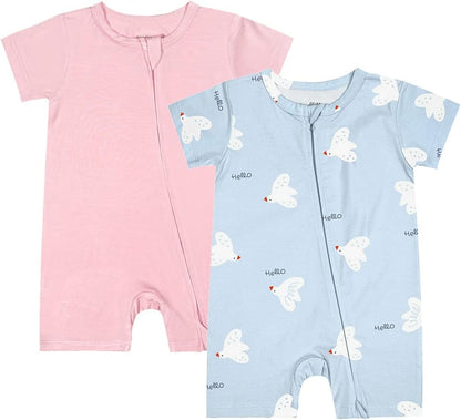 Teach Leanbh Baby Boys Girls 2 Pack Bamboo Viscose Pajamas 2 Way Zipper Short Sleeve Romper Jumpsuit Sleep and Play