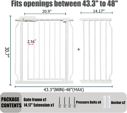 Extra Wide Baby Gate - 43.3-48 Inch Tension Mounted Safety Child & Pet Gate - White Metal - Walk Through - Long - for House Doorways & Stairs