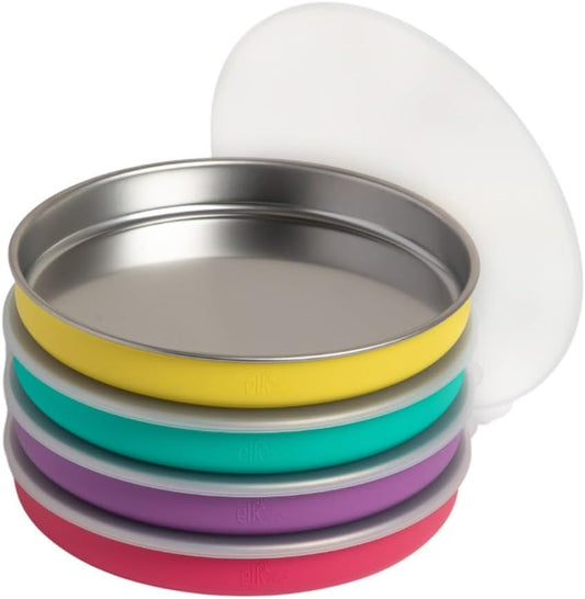 Elk and Friends 7.8” Stainless Steel Non Divided Plates with Silicone Sleeve + Storage Lid | Baby, Toddler, Kids | Dishwasher Safe | Dinner & Snack Plates | 4 Pack