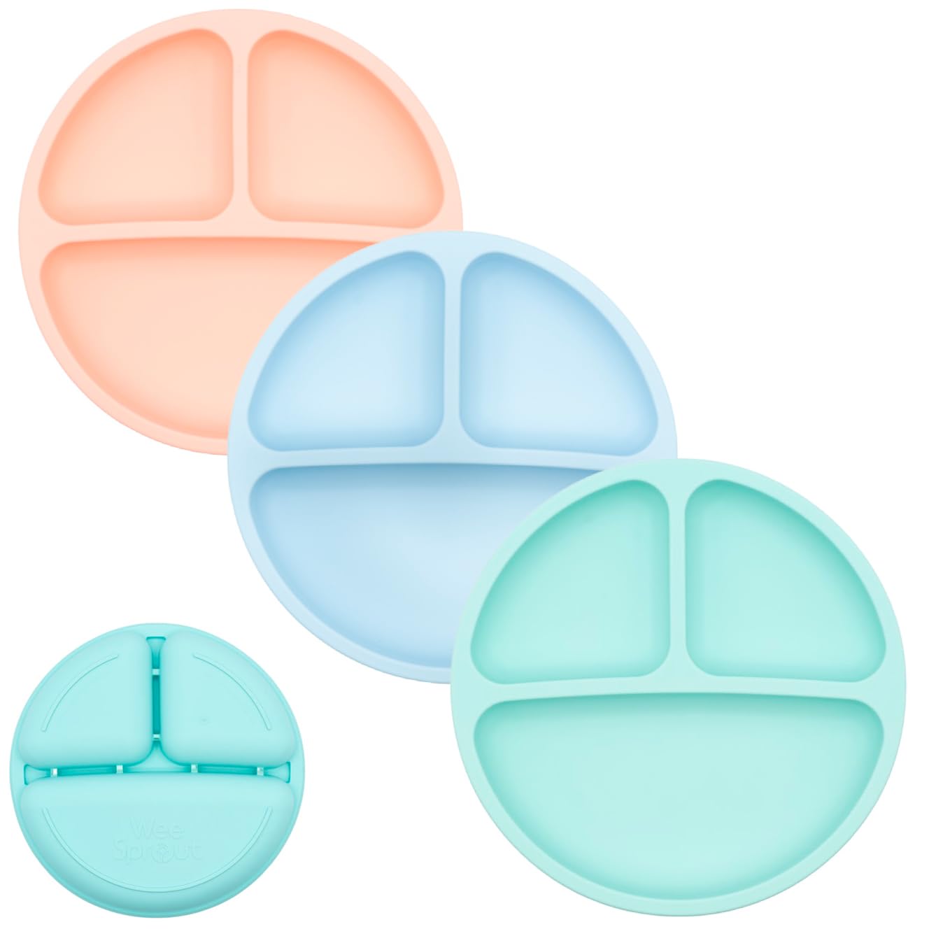 WeeSprout Silicone Divided Plates (No Lids), 100% Food Grade Silicone Divided Plates for Toddlers & Kids, Dishwasher & Microwave Safe