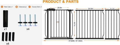 HOOEN 30" Tall Extra Wide Baby Gates 67 to 71.5 Inch Large Long Pressure Mounted Dog Gate for Doorways Stairs Child Safety Gates Tension Baby Gate Indoor Walk Through Gate for Kids or Pets