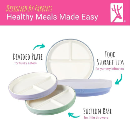 Elk and Friends Kids 7.8” Porcelain Divided Plates with Silicone Suction Sleeves + Lids | Suitable for Kids/Toddlers | Microwave & Dishwasher Safe | Non Slip | Snack Dishes | 4 Pack