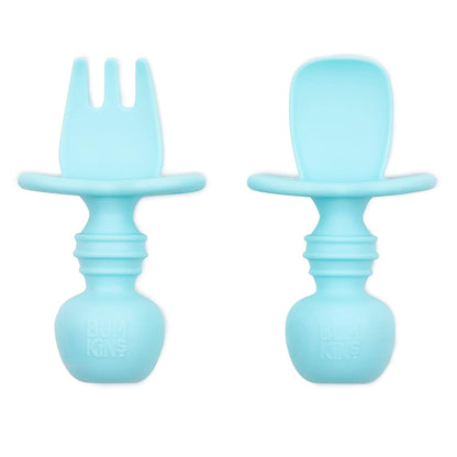 Bumkins Baby Utensils Set, Chewtensils Silicone Spoons for Dipping, Self-Feeding, Baby Led Weaning, Trainer Learning First Stage Eating, Soft Practice Fork and Spoon, Babies 6 Months, Blue