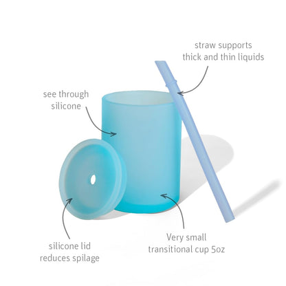 Avanchy Silicone Training Sippy Cup with Straw Lid – Tiny Cup for Babies 6+ Months to Toddlers 1 Year Old – 5 oz Infant Water Cup for Baby Led Weaning, See-Thru Blue