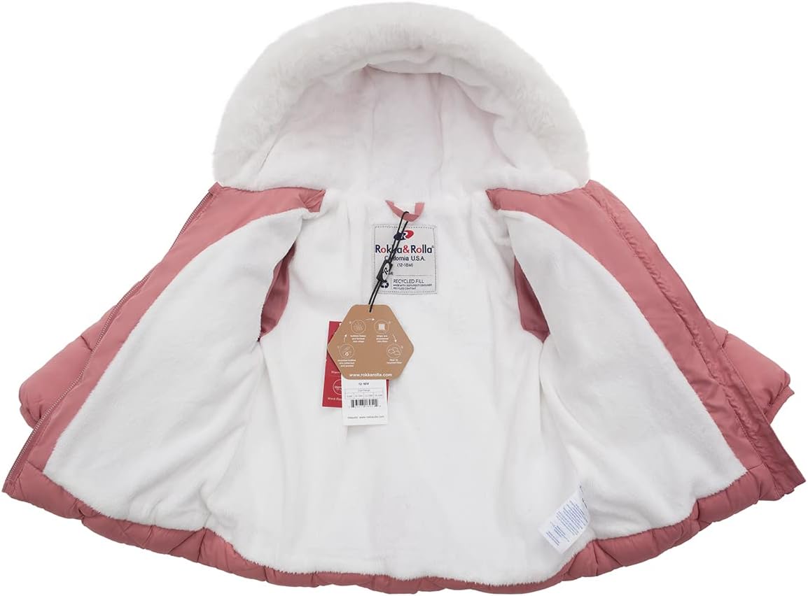 Rokka&Rolla Baby Girls' Water-Resistant Puffer Jacket Hooded Winter Coat with Soft Mini Fur Lining for Newborn Infant Toddler