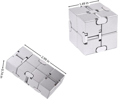 Metal Infinity Cube Fidget Toy - Aluminum Alloy Anti-Stress and Anxiety Finger Flip Cube for Adults, Men, and Women, Ideal Desk Toy for Work or Home - Infinity Cube Desk Toy (Silver)