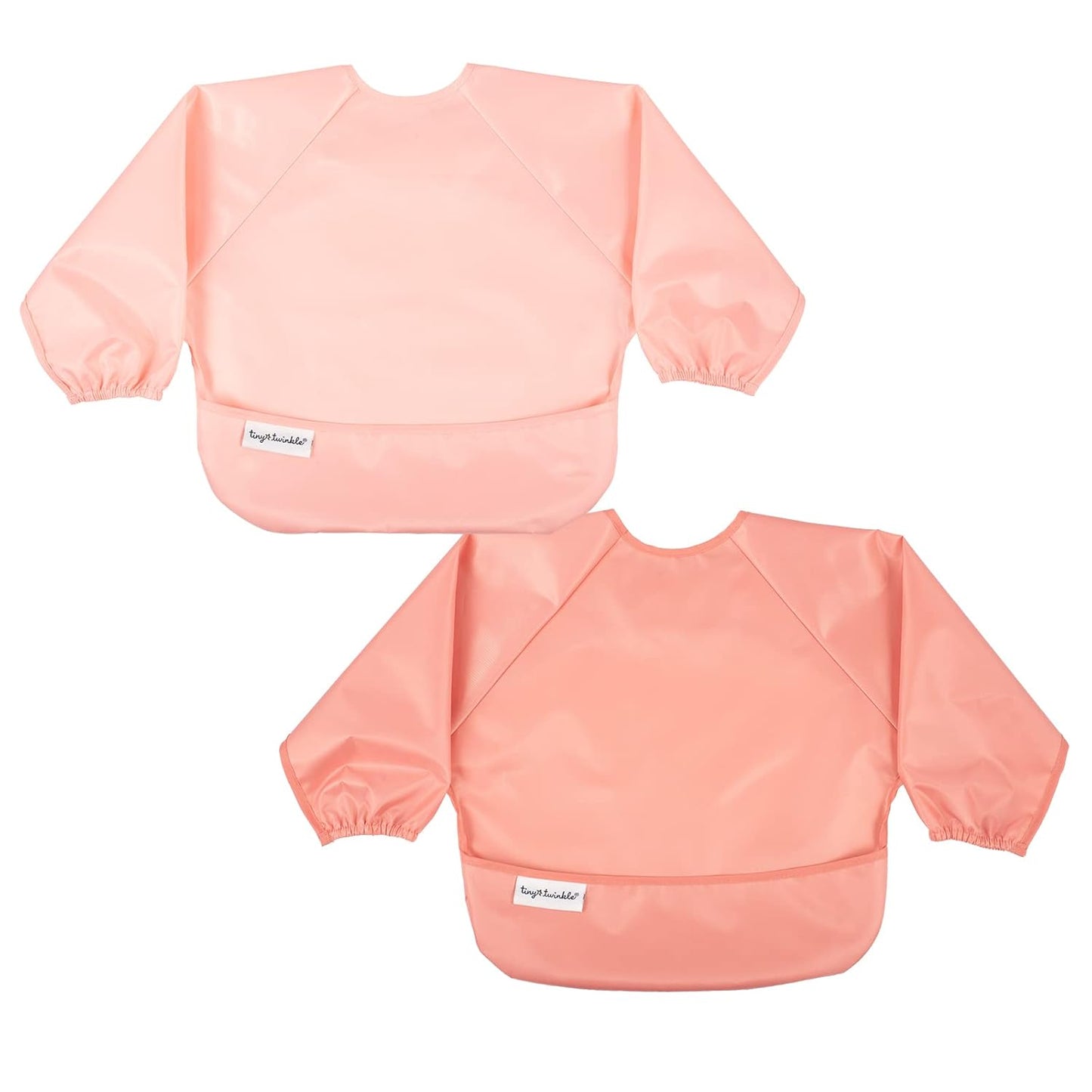 Tiny Twinkle Mess Proof Baby Bibs, 2pk Waterproof Smock Baby Bibs for Eating, Machine Washable Long Sleeve Bibs, Baby Led Weaning, Toddler Bibs, BLW Supplies (Peach Terracotta, Small 6-24 Months)