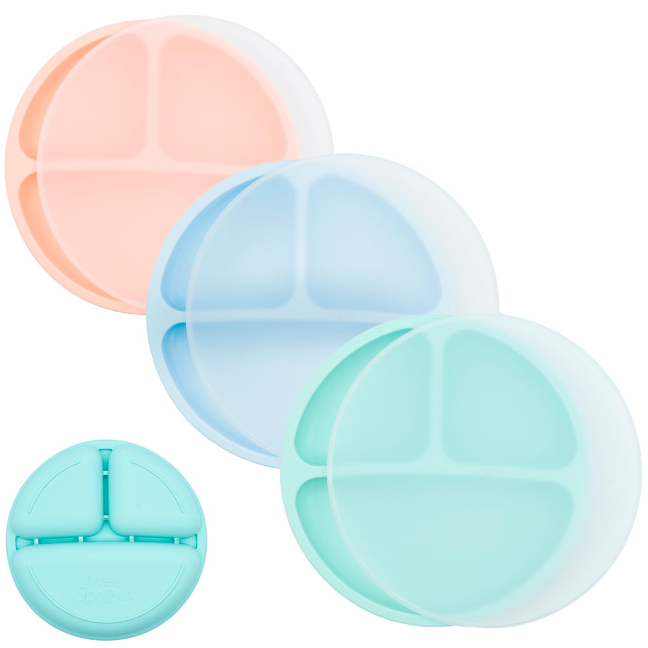WeeSprout Silicone Divided Plates (With Lids), 100% Food Grade Silicone Divided Plates for Toddlers & Kids, Dishwasher & Microwave Safe