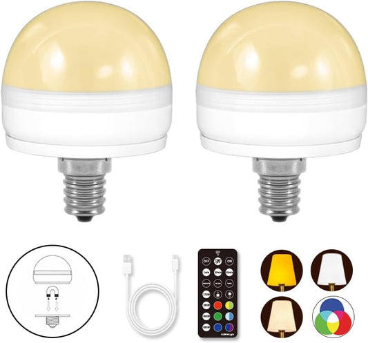 BLUEYE E12 Rechargeable Light Bulb,2Packs,300LM,40W Equivalent,Detachable Charging,4 Color Temperature,Remote Control Puck Emergency Lamp,Timer,Dimmer,for Non-Hardwired