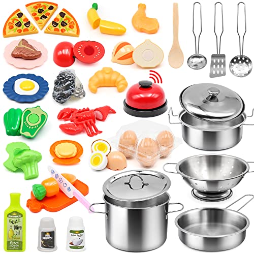 Kids Pretend Play Kitchen Accessories Set, 38pc Play Pots Pans Set for Kids