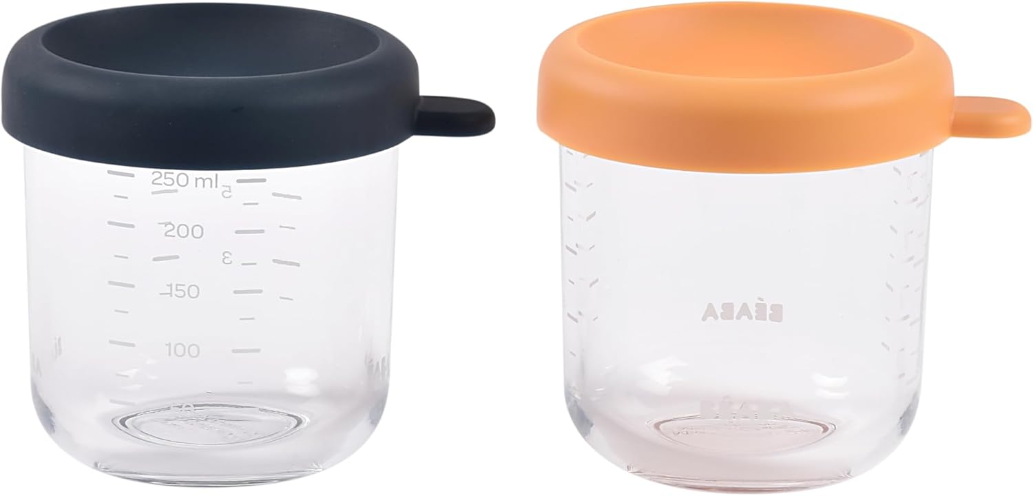 BEABA 2 Pack Glass Baby Food Jars with Soft Silicone Air Tight Lids, 8 oz Glass Storage Containers