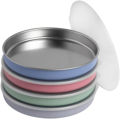 Elk and Friends 7.8” Stainless Steel Non Divided Plates with Silicone Sleeve + Storage Lid | Baby, Toddler, Kids | Dishwasher Safe | Dinner & Snack Plates | 4 Pack