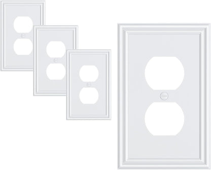 4-Pack Duplex Outlet Cover, Durable Solid Zinc Alloy Decorative Switch Plates and Outlet Covers, Pure White Wall Plates for Electrical Outlets, 1 Gang Receptacle Cover, Corrosion Resistant