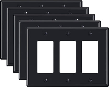 ELEGRP 3-Gang Decorative Wall Plates, Mid-Size 4.88" H x 6.75" L Unbreakable Thermoplastic Faceplate Cover for Decorator Receptacle Outlet Switch, UL Listed (5 Pack, Glossy Black)