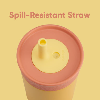 Owala Kids Insulation Stainless Steel Tumbler with Spill Resistant Flexible Straw, Easy to Clean, Kids Water Bottle, Great for Travel, Dishwasher Safe, 12 Oz, Peach and Yellow (Picnic)