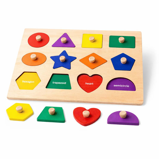 Wooden Shape Peg Puzzle Board, Educational Geometric Learning Board with Knobs, Multicolor Basic