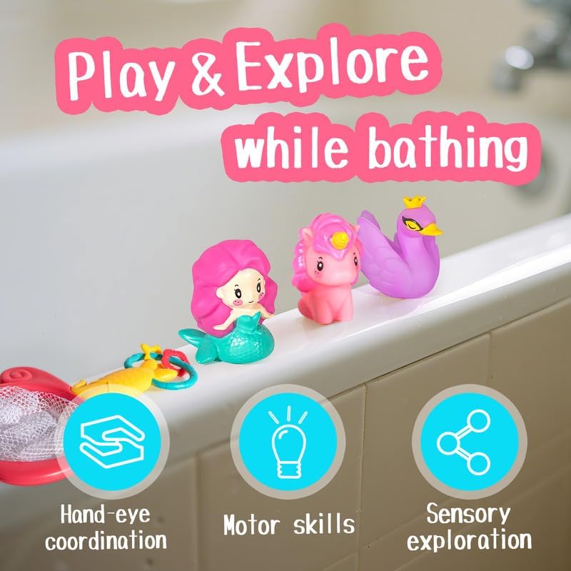 No Hole Bath Toys for Kids Ages 1-3, 8 Pcs Girl Bath Toys with Storage and Net, Sealed & Squeezable