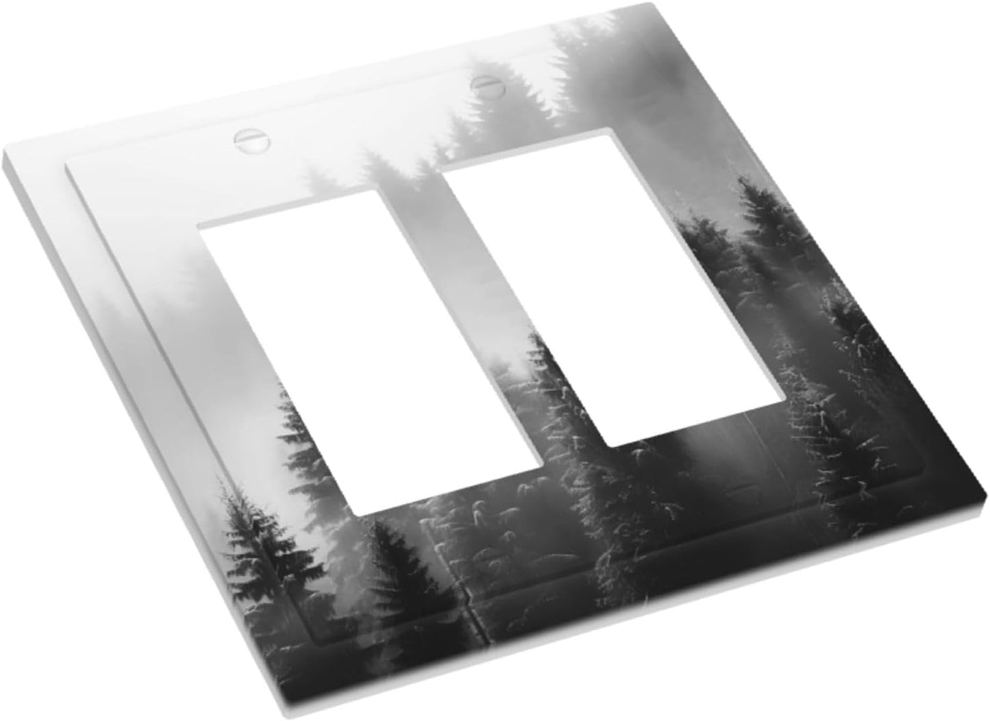 Foggy Forest Natural Scenery Retro Tree Pine Decorative Outlet Covers 2 Gang Double GFCI Rocker Electrical Wall Panels Light Switch Cover Plate for Bed Room Living Room Decor