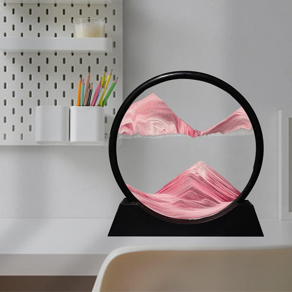 Aoderun Moving Sand Art Picture Round Glass 3D Deep Sea Sandscape in Motion Display Flowing Sand Frame Relaxing Desktop Home Office Work Decor (12", Pink)