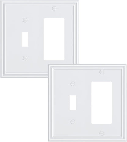 2-Pack Combo Toggle/Decorator Light Switch Cover Plate, Pure White Decorative Electrical Outlet Covers, Durable Solid Zinc Alloy Wall Switch Plates and Outlet Covers