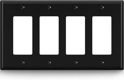 ELEGRP 4-Gang Decorative Wall Plates, Mid-Size 4.88" H x 8.57" L Unbreakable Thermoplastic Faceplate Cover for Decorator Receptacle Outlet Switch, UL Listed (1 Pack, Glossy Black)