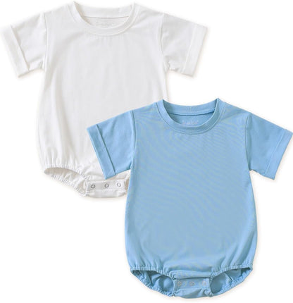 Jimonda Baby Bubble Romper Boy Girl Solid Color T-Shirt Outfits Short Sleeve Bodysuit Organic Cotton 2Pcs