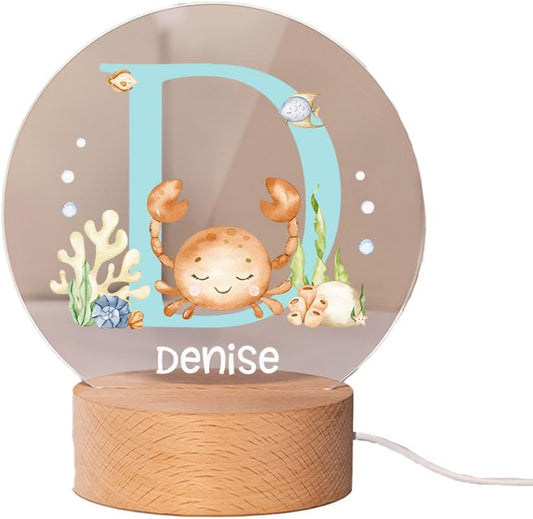 callie Acrylic Night Light Name Plate Personalized, Custom Cute Fox Deer Turtle Forest Animal with Wooden Base Bedroom Decor, Birthday Gifts Kid Gifts for Family (Animaux Marins)