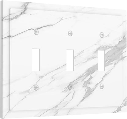 Decorative Switch Plates Modern White Gray Marble 3 Gang Wall Plate Triple Toggle Light Switch Cover Faceplate Electrical Wall Panels for living Room Bathroom Decor