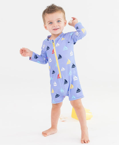 RUGGEDBUTTS Baby/Toddler Boy Swimsuit, One Piece Zipper Rash Guard Sunsuit with UPF 50+ Sun Protection