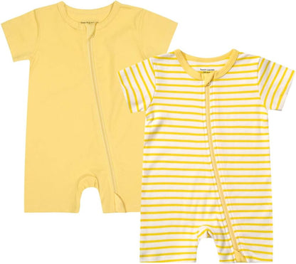 Teach Leanbh Unisex Baby 2 Pack Pajamas Cotton Short Sleeve 2 Way Zipper Stripe Soild Romper Jumpsuit Sleep and Play