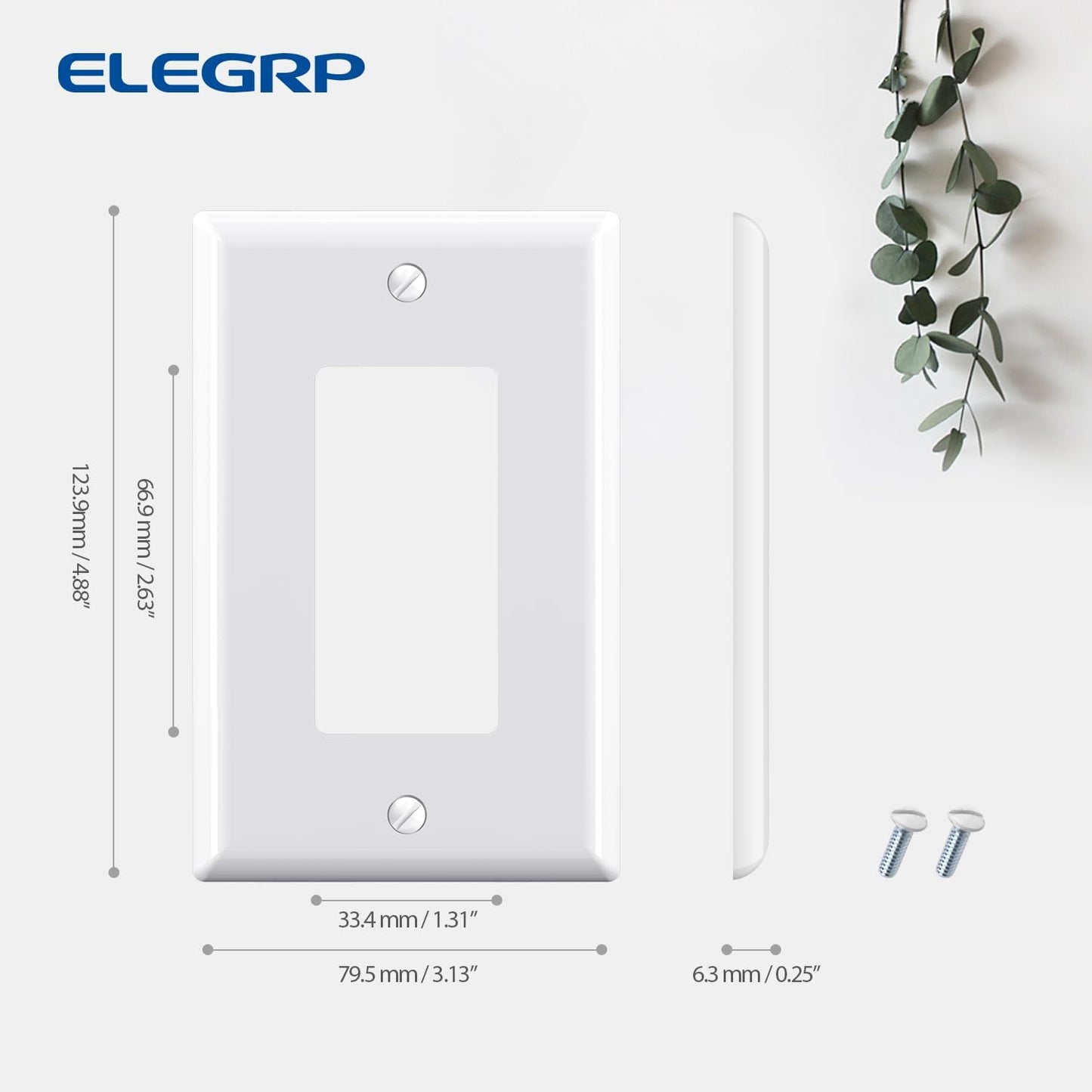 ELEGRP Decorative Receptacle Wall Plate, 1-Gang Mid Size Decorator Covers, Unbreakable Polycarbonate Faceplates for Decorator Device, UL Listed, Screws Included (1 Pack, Glossy White)