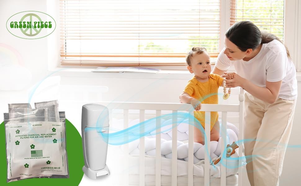 Green Piece® All-Natural Baby Diaper Pail Deodorizer - Activated Charcoal Air Purifier Compatible with Diaper Pails, Shoe Closets, Trash Cans (Pack of 12 + 1 Big Filter)