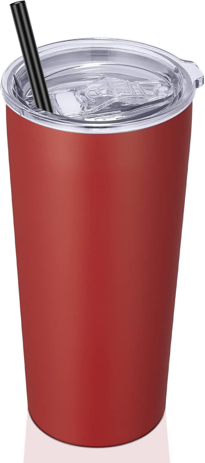 VEGOND 20oz Tumbler Bulk with Lid and Straw 1 Pack, Stainless Steel Vacuum Insulated Tumbler, Double Wall Coffee Cup Travel Mug, Red