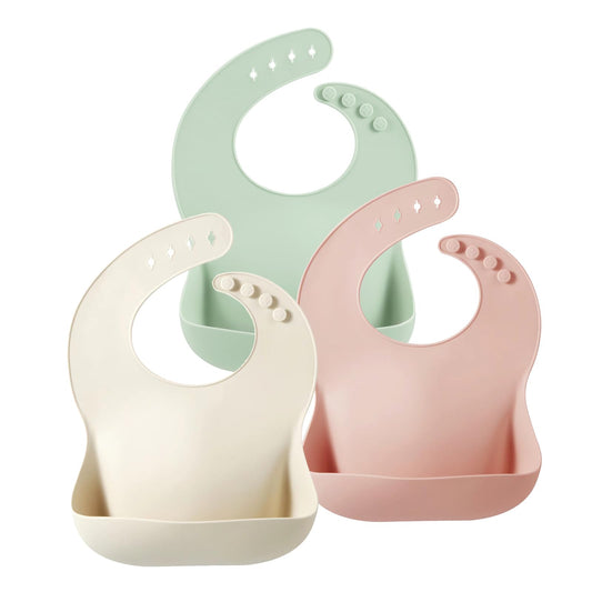 PandaEar Set of 3 Silicone Baby Bibs Waterproof, Soft, Unisex, 10-72 Months (Pink/Green/Beige)