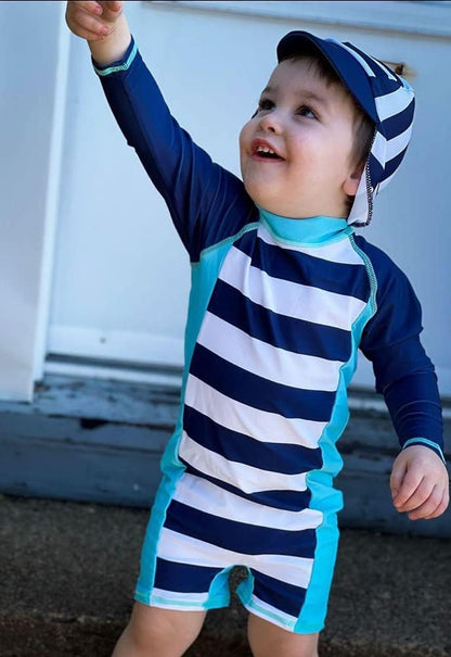 uideazone Baby Boys One Piece Swimsuit Long Sleeve UPF 50+ Rash Guard Bathing Suit Swimwear with Sun Hat 0-24 Months
