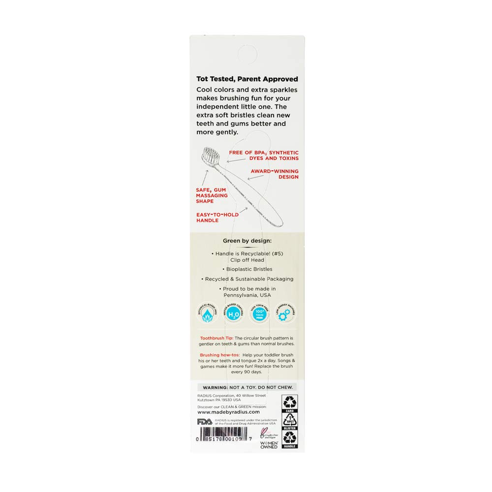 RADIUS Toddler Toothbrush & Toothpaste Bundle for Kids, 2 Pack Totz Plus Silky Soft Brush in