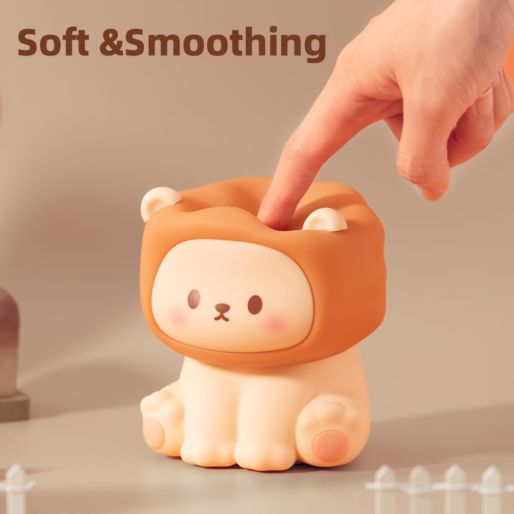 Cute Lion Night Light for Kids, Rechargeable Nursery Lamp with Timer, 3 Brightness Levels & Warm Light, Soft Silicone Baby Night Light, Tap Control, Gift for Toddlers