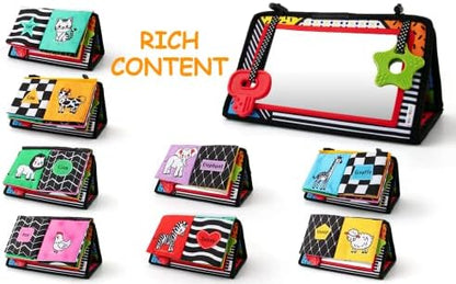 3-in-1 Tummy Time Mirror with Soft Crinkle 3D Activity Book, Teethers, Rattle - High Contrast Black and White Montessori Baby Crawling Toys Developmental Newborn Infant Sensory Toys Gift 0-12 Months