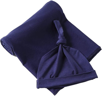 iEvolve Cotton Knitted Baby Swaddle Blanket with Hat Headband Set Newborn Swaddle Wrap Receiving Blankets for Baby Girl Boy 35" x 35"(Navyblue)