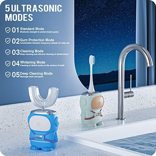 Ultrasonic Kid's U-Shaped Electric Toothbrush, IPX7 Waterproof, Five Cleaning Modes, 60S Smart