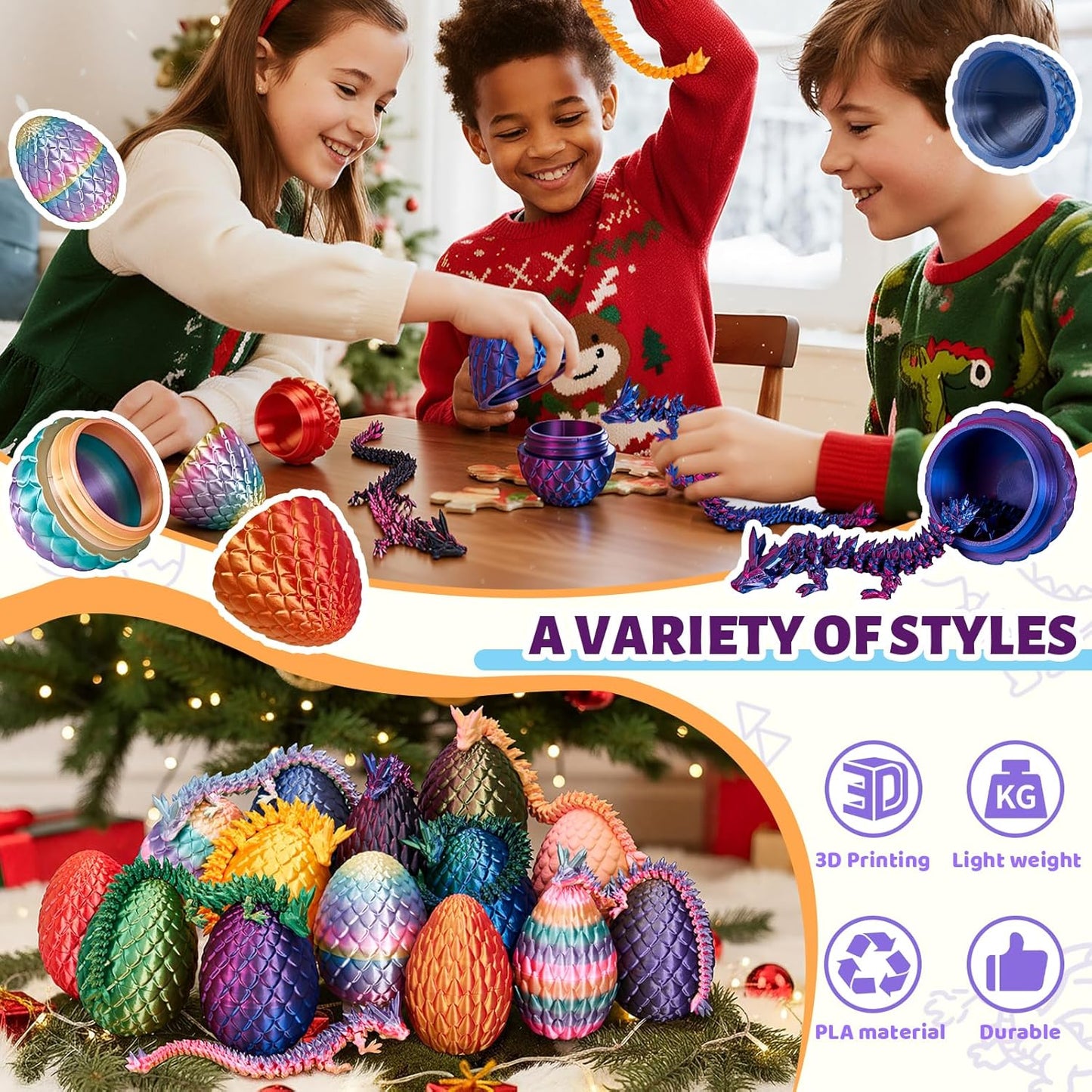 Cessfle 12" Prefilled Easter Dragon Eggs with 3D Printed Dragons Inside, 3D Printer Articulated Crystal Fidget Toy, Easter Basket Stuffers for 5-7 4-6 8-12 Year Old Boys Kid Teen Girls Adult