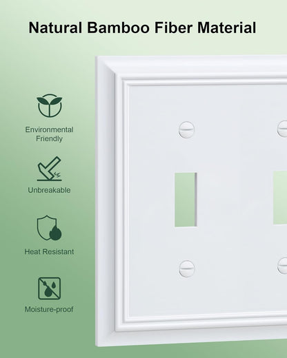 2-Pack Double Toggle Light Switch Cover Plate, Durable Natural Bamboo Fiber Decorative Switch Plate Covers, Pure White 2 Gang Wall Plate, Corrosion Resistant