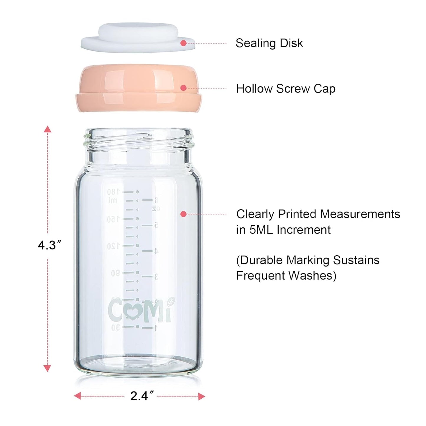 COMI Wide Neck Glass Breastmilk Collection n Storage Bottle, 6oz with Screw Ring Sealing Disk;