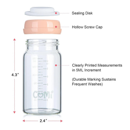 COMI Wide Neck Glass Breastmilk Collection n Storage Bottle, 6oz with Screw Ring Sealing Disk;