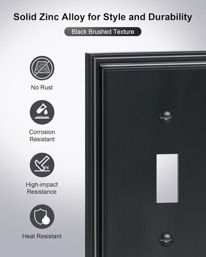 6-Pack Single Toggle Light Switch Cover Plate, Durable Solid Zinc Alloy Decorative Switch Plate Covers, Black 1 Gang Wall Plate, Corrosion Resistant