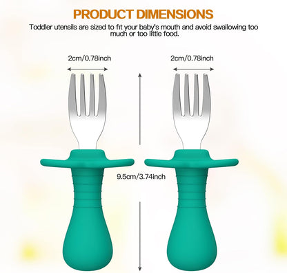 Baby Fork Toddler Forks for Self Feeding, Kids Forks with Silicone Round Handle, Stainless Steel Toddler Utensils Children Safe Silverware Set, Anti-Choke Design, BPA Free - Pink