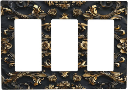 Decorative Outlet Covers Rococo Vintage Black Golden Leaf Morris Vine 3 Gang Wall Plate Triple Rocker Light Switch Cover Plate Jumbo Electrical GFCI Faceplate for Bedroom Home Decor