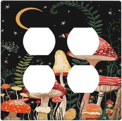 Moon Star Red Mushroom Forest Butterfly Green Plant Outlet Covers 2 Gang Double Duplex Decorative Light Switch Covers Electrical Wallplates Socket Faceplate for Kids Room Home Decor